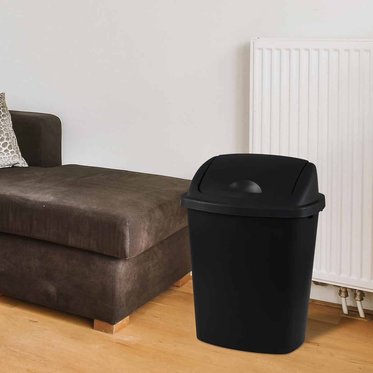 Teyyvn 6 Gallon Plastic Flip Lid Trash Can for Kitchen, Black Plastic Garbage Bin with Swing Lid, Pack of 4
