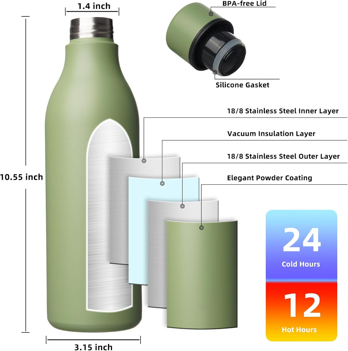Bjpkpk Insulated Water Bottles, 25 oz Stainless Steel Metal Water Bottle with Strap, BPA Free Leak Proof Thermos, Mugs, Flasks
