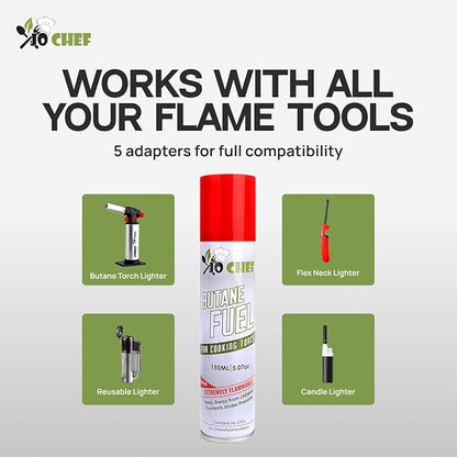Jo Chef Butane Refill, Butane Torch Fuel Refill, Gas Lighter Fluid Refill Canister, Kitchen Blow Torch Fluid – Universal Tip – (1 Can 5.07oz)