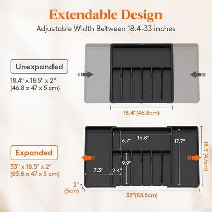 Lifewit Silverware Drawer Organizer, Expandable from 18.7 to 33 inches, Adjustable Utensil Tray for Kitchen, Large Cutlery Holder, Plastic Flatware Storage for Spoons Forks Knives, Black
