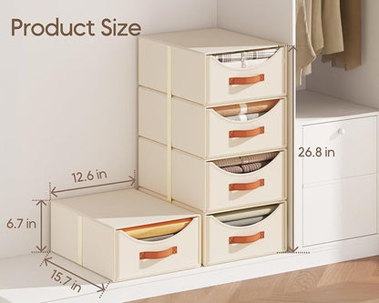 Homsorout Stackable Storage Drawers - Collapsible Storage Bins with Drawers, 4 Pack Closet Shelf Organizer Basket, Fabric Pull Out Organizer for Bedroom, Living Room, Dorm, Beige