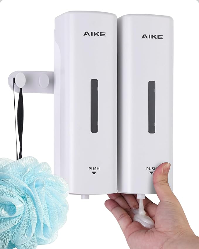 AIKE 2 Chambers Shower Shampoo and Conditioner Dispenser 2 x 11.8 fl.oz. for Bathroom(White)