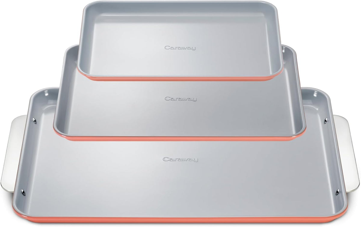 Caraway Non-Stick Ceramic Baking Sheet Trio - Naturally Slick Ceramic Coating - Non-Toxic, PTFE & PFOA Free - 18 x 13" Large, 15 x 10" Medium, & 9" x 13" Small - Perracotta