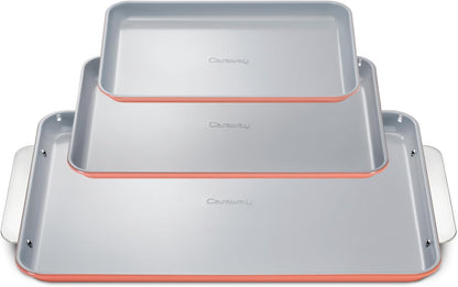Caraway Non-Stick Ceramic Baking Sheet Trio - Naturally Slick Ceramic Coating - Non-Toxic, PTFE & PFOA Free - 18 x 13" Large, 15 x 10" Medium, & 9" x 13" Small - Perracotta