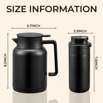 2 Pack 49oz Thermal Coffee Carafe and 15oz Insulated Water Bottle, Stainless Steel Vacuum Thermal Carafes and Water Bottle for Keeping Coffee, Tea