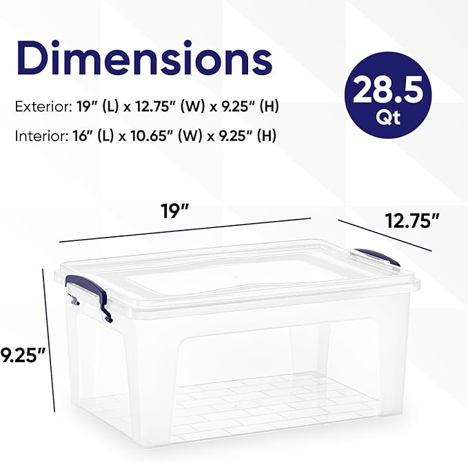 Superio Clear Plastic Storage Bin with Lid, 28 Quart Organizing Container, Latch Box, Stackable Plastic Tote for Household, Garage, School, and Office- Store Shoes, Clothing, Crafts, and Accessories