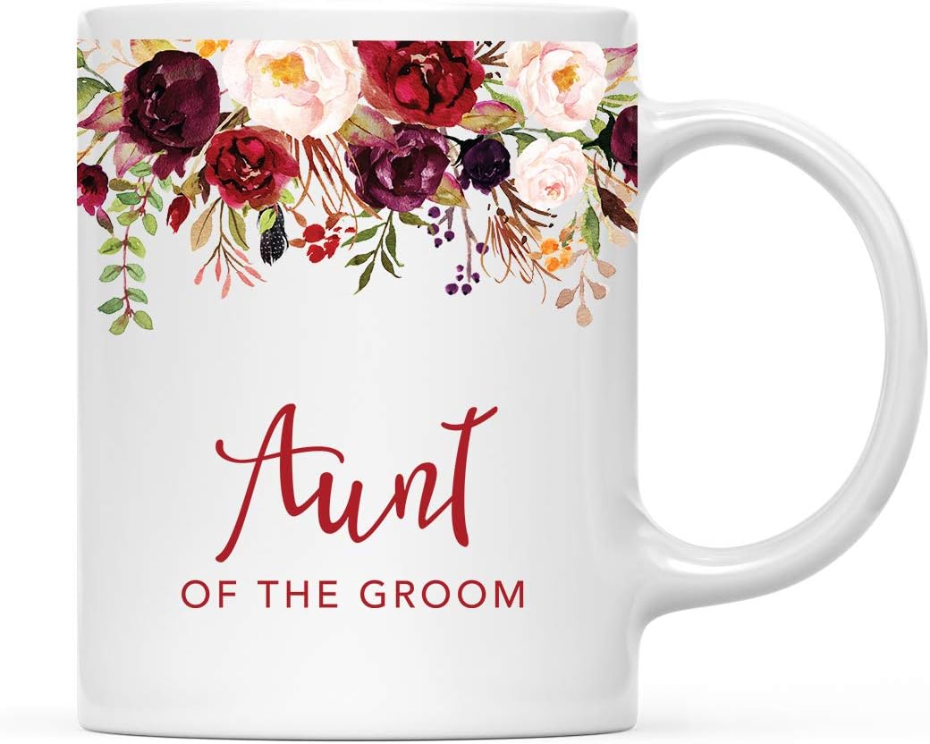 Andaz Press 11oz. Wedding Ceramic Coffee Tea Mug Gift, Fall Autumn Marsala Burgundy Flowers Roses Florals, Aunt of the Groom, 1-Pack, Includes Gift Box