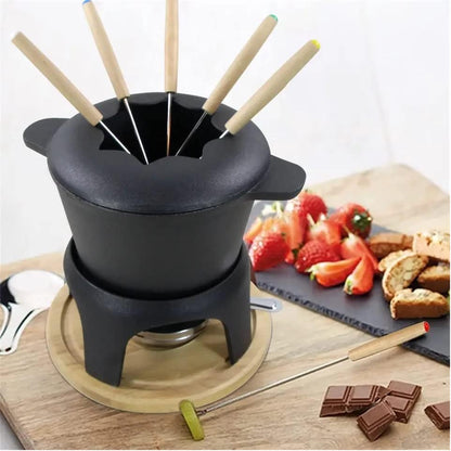 Traditional Fondue Set Matte black enameled cast iron fondue for Taditional swiss fondue 12 pcs fondue pot. for Meat, Chocolate & Cheese, Cast Iron Chocolate Fondue Pot 6 Pers Iron cast iron pot