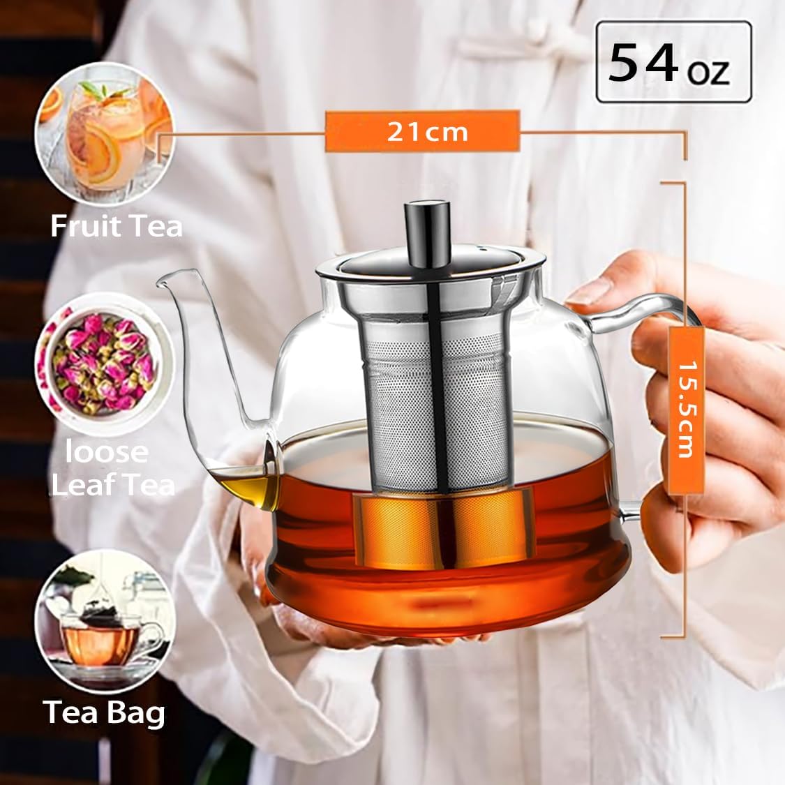 Glass Teapot 1600ml (54oz) - Borosilicate Glass Tea Kettle with Removable Stainless Steel Infuser, Stovetop Safe Heat-Resistant Tea Maker for Blooming and Loose Leaf Tea (1600ml)