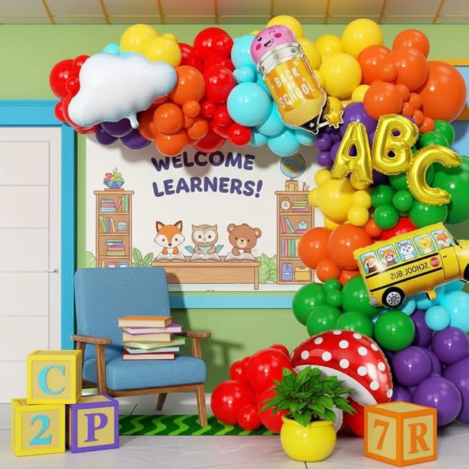 Rainbow Balloon Arch Garland Kit 173Pcs, Back to School Balloon with School Bus Pencil ABC Mushroom Cloud Foil Balloons for Watermelon Birthday Back to School Kindergarten Graduation Decor