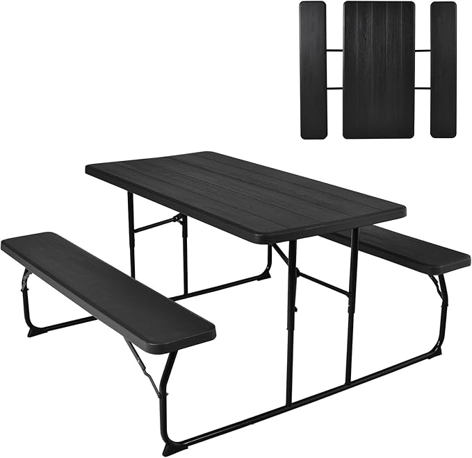GYMAX Picnic Table, 550 LBS Folding Picnic Tables with Benches & Seats, Weather-Resistant Easy Setup Portable Picnic Table, Wood-Like Foldable Picnic Tables for Outdoors Patio Deck Party BBQ (Black)