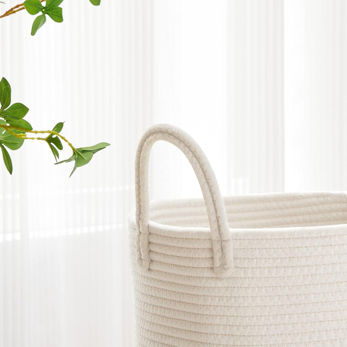VIPOSCO Large Laundry Hamper, Tall Woven Rope Storage Basket for Blanket, Toys, Dirty Clothes in Living Room, Bathroom, Bedroom - 58L White