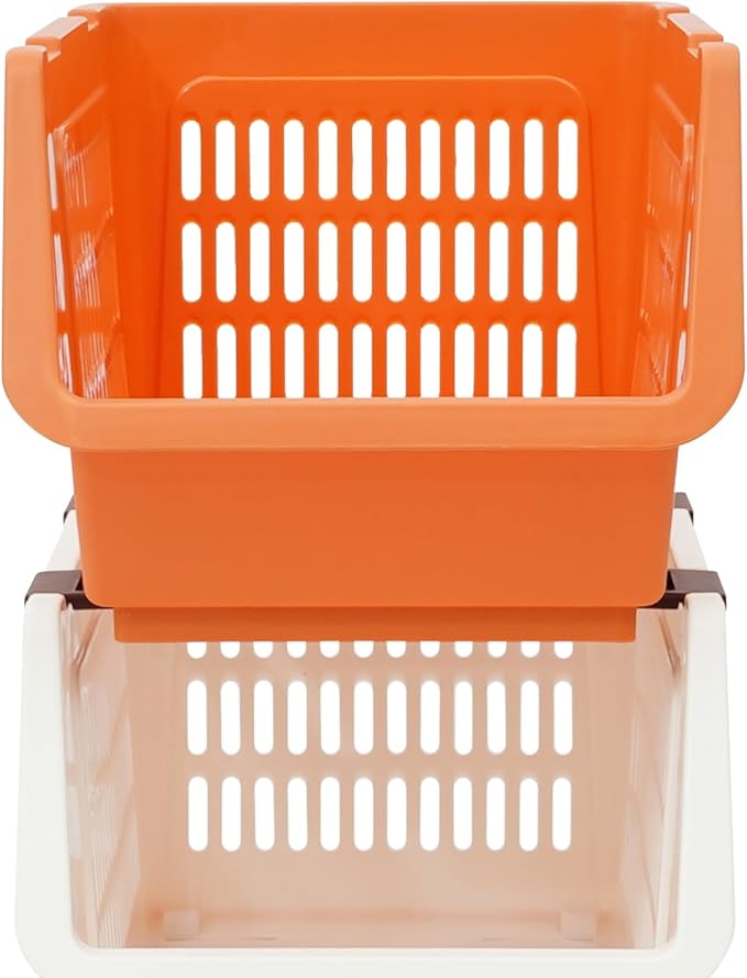 4-Pack Stackable Storage Baskets with 2 Wheels, Large Capacity 38.58 lbs Stackable Storage Bins Open Front, Space Saving Home Organization for Kitchen Bedroom Office (Morandi, 9.5*13.4*29.9 in)