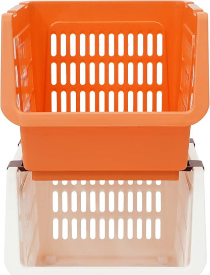 4-Pack Stackable Storage Baskets with 2 Wheels, Large Capacity 38.58 lbs Stackable Storage Bins Open Front, Space Saving Home Organization for Kitchen Bedroom Office (Morandi, 9.5*13.4*29.9 in)