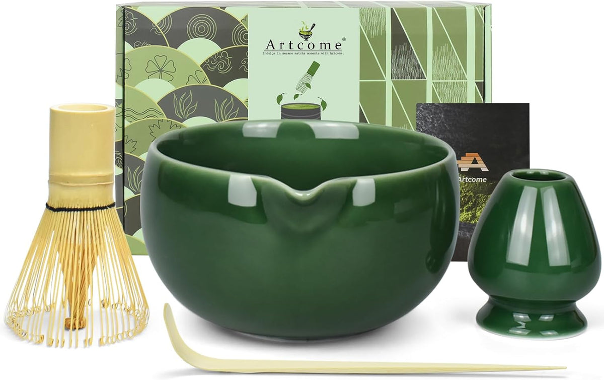 Artcome Premium Matcha Tea Set - 18.6oz Ceramic Bowl with Spout, Bamboo Whisk, Scoop, Whisk Holder & Brewing Guide - Perfect for Traditional Japanese Tea Ceremony