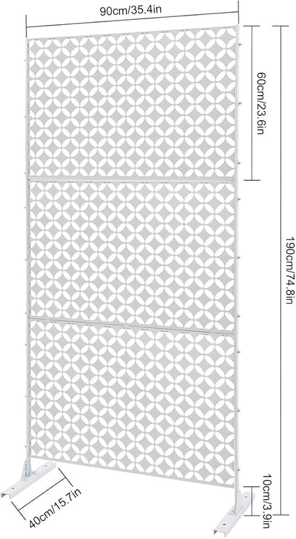 75" H×35" W Decorative Outdoor Privacy Screen with Stand, Outdoor Decor Privacy Fence Screen Metal Fence Panels, Free Standing Metal Divider for Patio Lawn Deck (White-Circle)