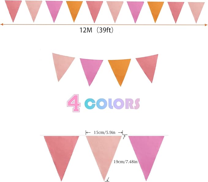 Zwiebeco 39Ft Orange Pink Fabric Bunting Banner Triangle Flags Party Decorations Hanging Cotton Garland Pennant for Engagement Wedding Baby Shower Birthday Festivals Nursery Home Outdoor Garden