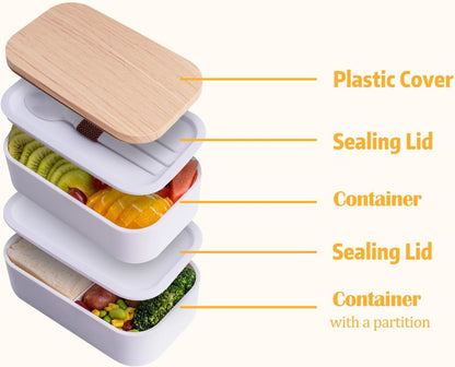 Stackable Bento Box with Utensils Microwave Safe, All-in-One Meal Prep Compartment Lunch Containers Leak Resistant Lunch Box with Sauce Container 60oz White(without bag)