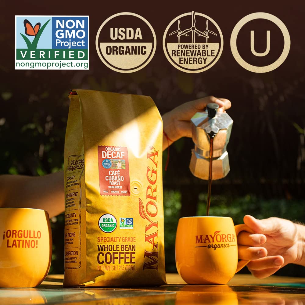 Mayorga Decaf Dark Roast 5lb Bag Cafe Swiss Water Decaffeinated Cubano Roast 100% Arabica Whole Coffee Beans - Smoothest Organic Coffee