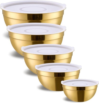 Gold Mixing Bowls With Airtight Lids,Stainless Steel Bowl,Salad Bowls 5 Piece Colorful Nesting Bowl Gold Kitchen Accessories,Size 5.5,3.6,2.7,2.1