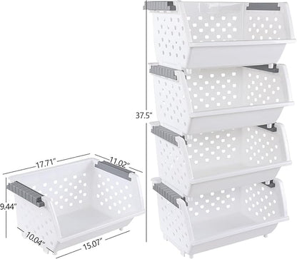 Set of 4 Plastic Stackable Storage Baskets, Stackable Organizer Bins for Kitchen, Pantry and Bathroom, White