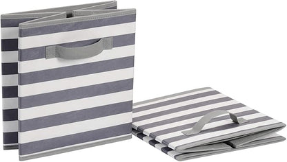 Amazon Basics Collapsible Fabric Storage Bins with Handles, Cube Organizer for Home Organization, 10.5"x10.5"x11", White/Light Grey Stripe, 6-Pack