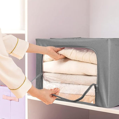 Stackable Clothes Storage Box for Clothing Gadgets,Steel Frame Storage Bins for Toys Gift,Foldable Oxford Fabric Closet Organizer Bag Set with Carry Handles Clear Window (Large- 66L x3 Pack, Grey)