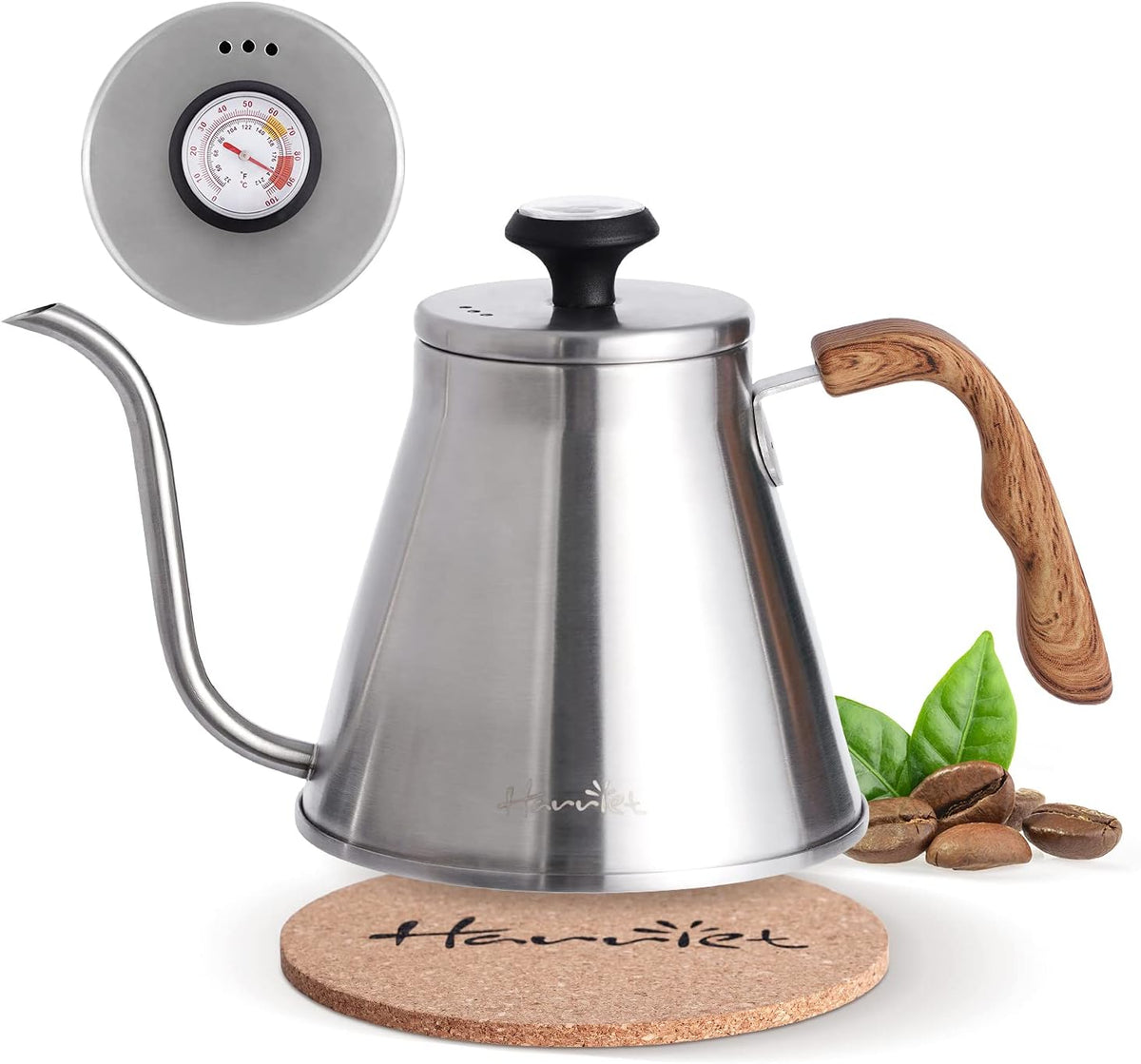 Harriet Gooseneck Kettle with Thermometer for Pour Over Coffee and Tea, 37 fl oz, Stainless Steel, Durable 3-Layer Base