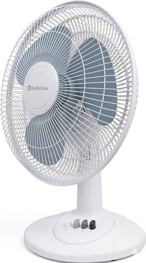 Comfort Zone 16 inch Table Fan with Adjustable Tilt, Wide Area Oscillation, Quiet Air Circulator Fan For Bedroom, 3 Speed Desktop Fan for Home Office, Push Button Controls, White