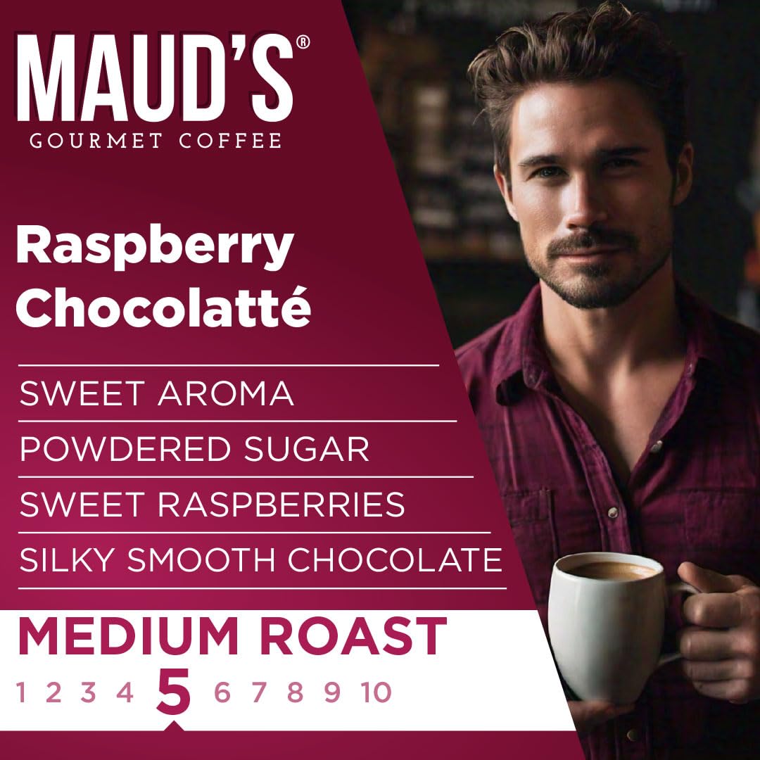 Maud's Raspberry Chocolate Flavored Coffee Pods, 18 ct, Medium Roast Flavored Coffee in Recyclable Single Serve Pods – 100% Arabica Beans