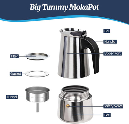 9 Cup Moka Pot Stainless Steel 450ml Italian Espresso Coffee Maker Stovetop Coffee Makers Mocha Pot Percolator Greca Coffee Maker for Induction Stove
