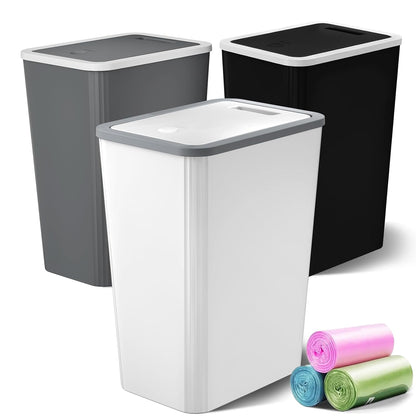 Small Trash Can, 3 Pack 4 Gallons Bathroom Garbage Can with Lid Press-Top, Small Waste Basket with Trash Bags, Slim Plastic Garbage Bin for Dorm, Office, Bedroom, Kitchen, Living Room (Multi)