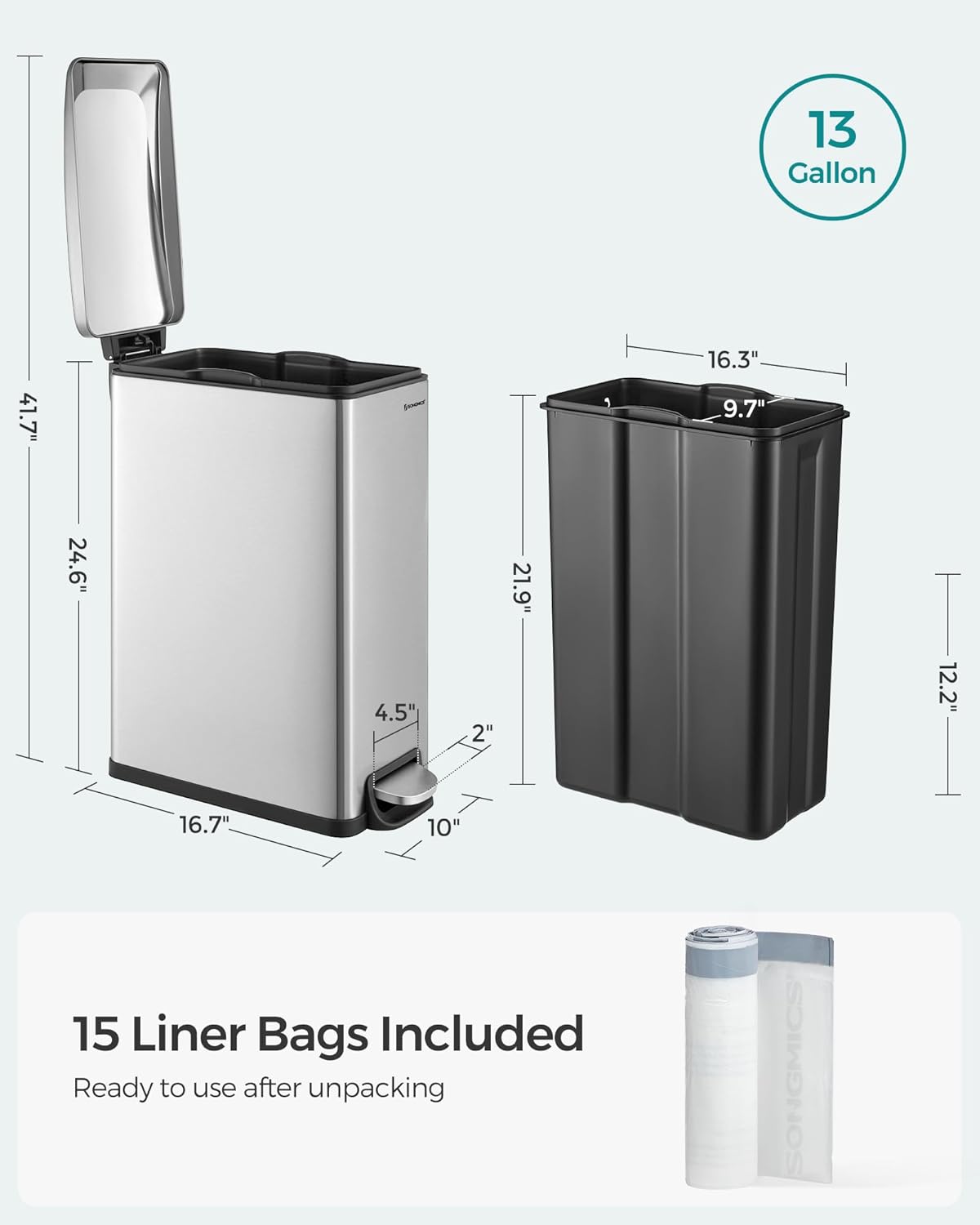 SONGMICS Slim Trash Can, 13-Gallon (50 L) Garbage Can for Narrow Spaces with Soft-Close Lid, Inner Bucket, and Step-on Pedal, Stainless Steel, 15 Trash Bags Included, Silver ULTB510E48