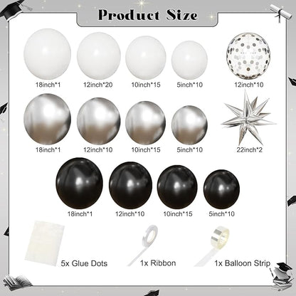 Black Silver Balloon Arch Kit Graduation Decorations 2026, 130Pcs Black and Gold Balloons and Foil Star Balloon with Confetti Ribbons Grad Party Decorations for College High School Class of 2026