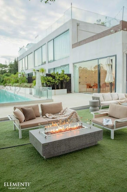 Elementi | Bundle Hampton Gas Fire Pit Cast Concrete 56" Rectangular Fire Table, Outdoor Fire Pit Electronic Ignition | Canvas Cover, Lava Rock Included | Light Gray (Propane Gas)
