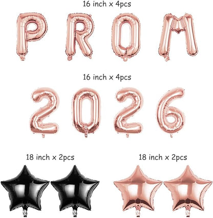 Prom 2026 Balloons Decorations, 16 Inch Foil Letter Number Balloons with 18 Inch Black Rose Gold Star Balloons for High School College Graduation Gift Retirement Ins Photo Party Supplies