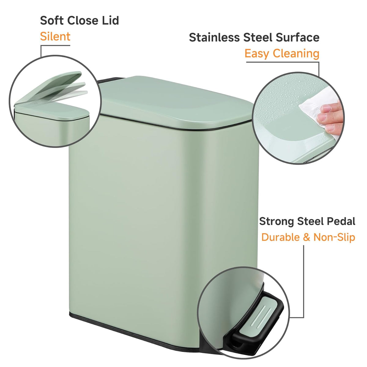 TIPGO Slim Bathroom Trash Can with Lid Soft Close, 6 Liter / 1.6 Gallon Stainless Steel Garbage Can with Removable Inner Bucket, Step Pedal, Small Trash Cans for Bedroom, Office, Kitchen (Green)