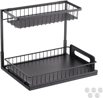 VEVOR 2 Tier Pull Out Cabinet Organizer(10.7"W x 14.2"D), Under Sink Organizer and Storage, Slide Out Drawer Cabinet Organizer, Wire Basket Sliding Storage, 12.5"Wx15.5"Dx13"H Install Size for Cabinet
