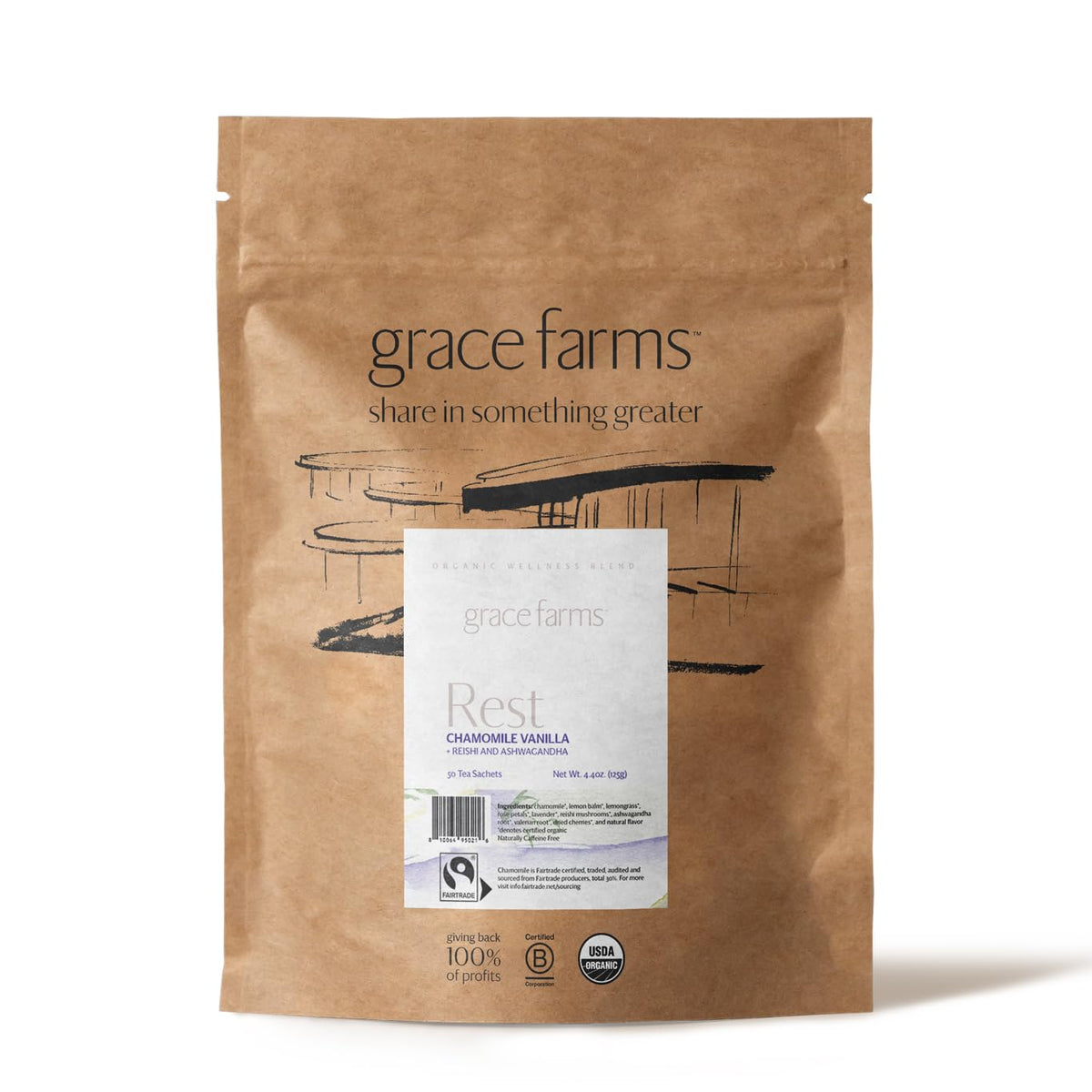 Grace Farms REST Wellness Organic Tea Blend (50 Sachet Pouch) | Sleep and Stress Support For Evening | Chamomile Vanilla Tea with Caffeine Free Adaptogens and Mushrooms | Gives Back 100% of Profits