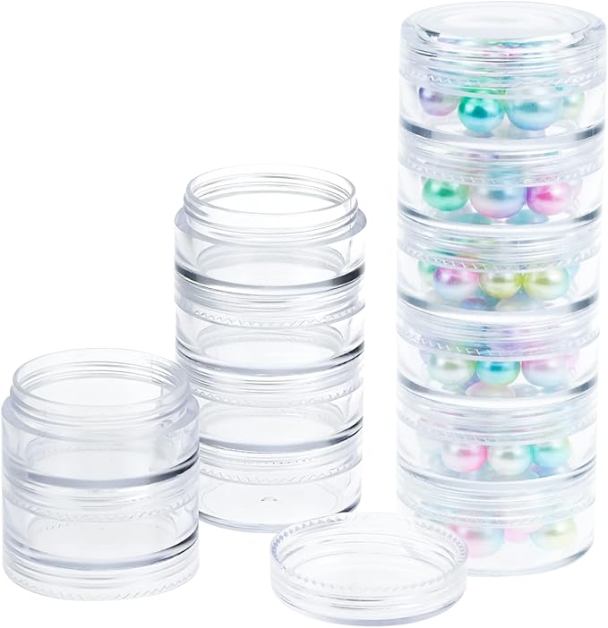 Fengek 6 Sets 6 Layer Stackable Plastic Containers, 10G/10ML Clear Cosmetic Storage Box Round Organizer Jars for Beads, Buttons, Small Jewelry Findings