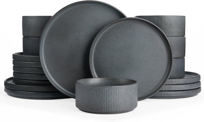 Famiware Star Plates and Bowls Sets, Modern Stoneware Dinnerware Sets for 6, 18-Piece Kitchen Dish Set - Chip and Scratch Resistant, Microwave and Dishwasher Safe Tableware, Matte Dark Charcoal
