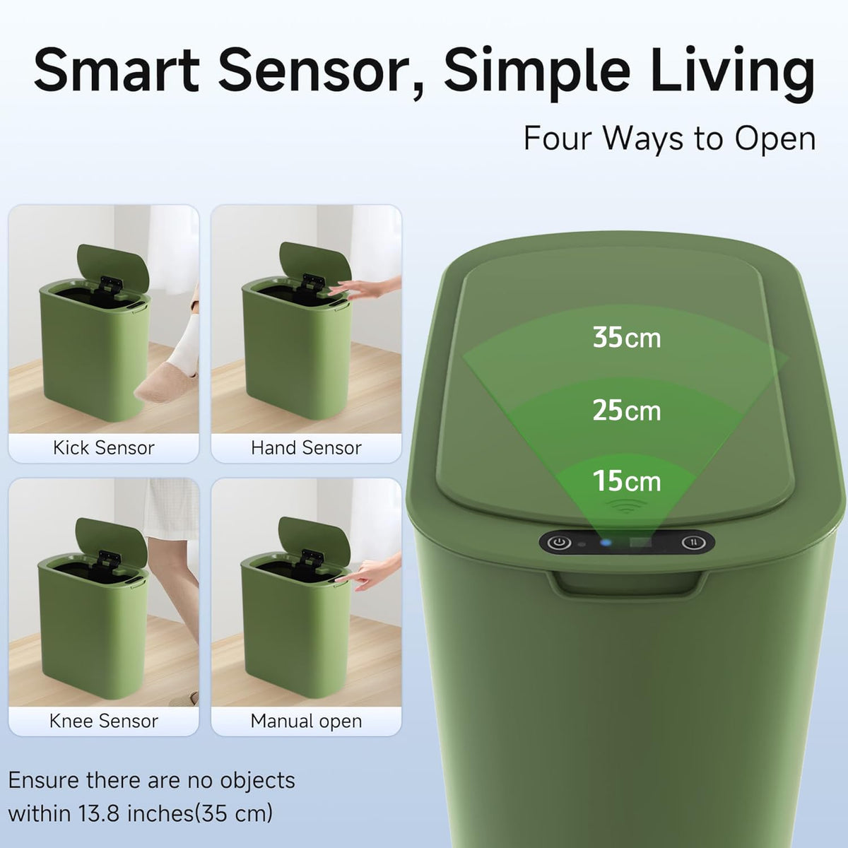 5 Gallon Motion Senor Bathroom Trash Can with Lid, Automatic Garbage Can Touchless, Smart Plastic Waste Basket for Narrow Spaces, Bathroom, Office, Bedroom, Living Room (Green)