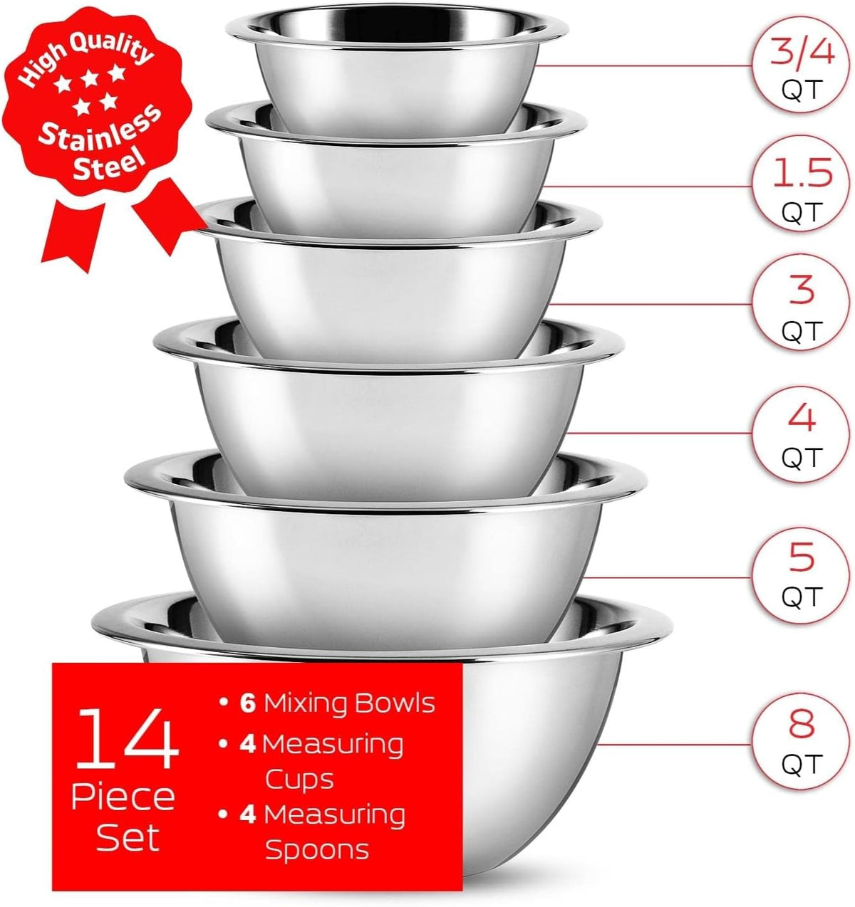 Eatex Stainless Steel Mixing Bowls with Measuring Cups & Spoons Set of 14 - Dishwasher Safe Nesting Mixing Bowl Set for Cooking