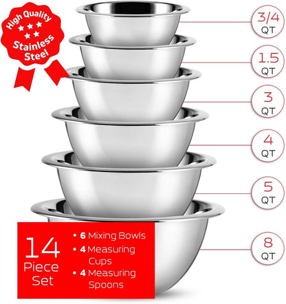 Eatex Stainless Steel Mixing Bowls with Measuring Cups & Spoons Set of 14 - Dishwasher Safe Nesting Mixing Bowl Set for Cooking