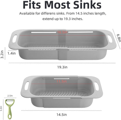 Extended Long Over the Sink Colander, Wash Vegetables Fruits Collapsible Colander Strainer, 14.5"-19.3" Extendable Kitchen Sink Accessories for Dishes Drying, Vegetable Basket, with Peeler