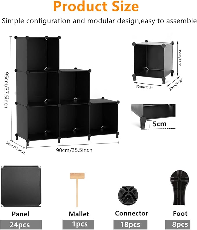 AWTATOS Cube Storage Organizer, Storage Cubes Shelves Bookshelf, 6 Cube Closet Organizers and Storage, DIY Stackable Plastic Clothes Organizer Shelving for Bedroom, Home, Black