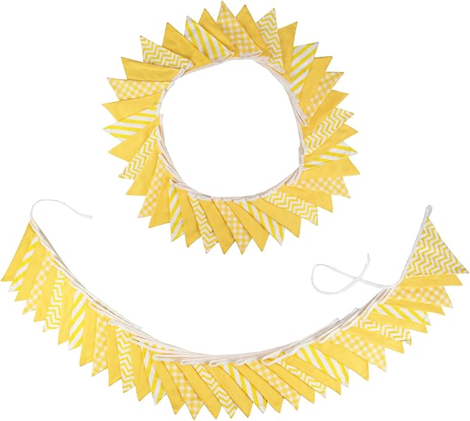 Zwiebeco 32Ft Yellow White Plaid Stripe Wavy Fabric Bunting Banner Triangle Flags Cotton Garland Pennant for Birthday Wedding Baby Shower Tea Party Classroom Nursery Home Outdoor Garden Decorations