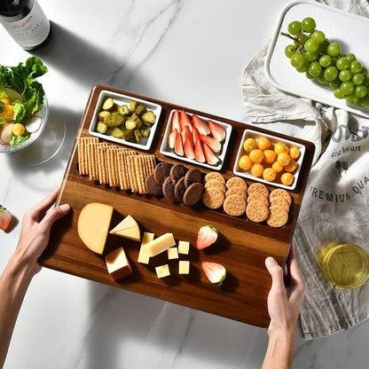 Shanik Large Acacia Wood Charcuterie Board Set with 3 Removable Ceramic Bowls & Serving Utensils - Housewarming, Wedding, Bridal Shower