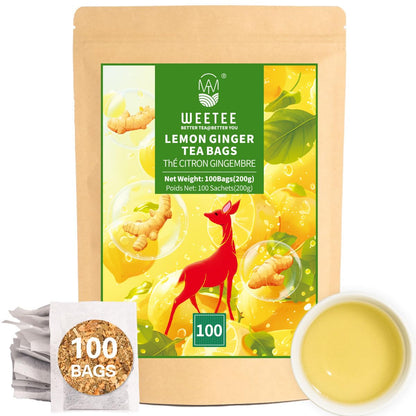 WT Weetee Lemon & Ginger Herbal Tea, 100% Natural Ingredients, Made With Lemongrass, 100 Count Caffeine-Free Tea Bags