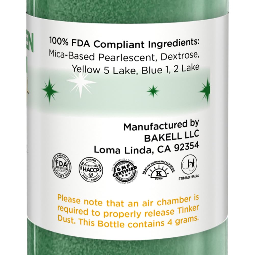 Bakell - Christmas Green Tinker Dust (4g, 1x Mini Spray Pump) Edible Glitter for Food, Desserts, and Beverages!